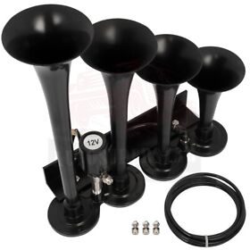 10413877 12v 135db 4 Trumpets Solenoid Black Air Horn Kit For Truck Car Suv Raging Sound