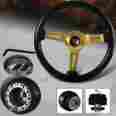 3-sw-111-4853-a1 3-spoke Hdc Autosports Jdm 345mm 6 Hole Black Wood Grain Gold Steering Wheel For Mustang Hub
