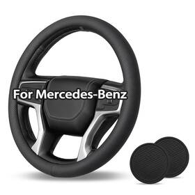 Acenewpart Fxpt-yx-black-38-1135-7cm-212 15 Inch Steering Wheel Cover With 2x Car Coasters Genuine Leather For Mercedes-benz