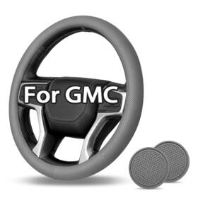 Acenewpart Fxpt-yx-gray-38-1135-7cm-198 For Gmc Sierra 1500 2500 3500 Leather Steering Wheel Cover With Car Coasters