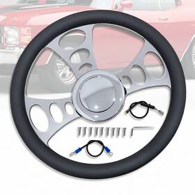 Ar38323 Amoracing 9 Holes Chrome Aluminum 14 Inch Cruisin Steering Wheel With Black Leather And Horn Button