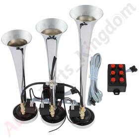 10881007 Apk 150db Loud 3 Trumpet Musical Train Air Horn 6 Tune With Wired Remote Chrome