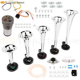 10004355 Auspartshouse 5 Silver Plastic Trumpet Air Horn Kit 130 Db 12v /24v Dc Electric New