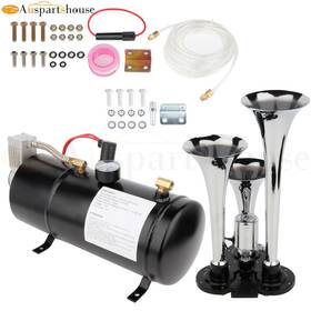 9986475 Auspartshouse 3 Loud Trumpet Train Air Horn Kit 12v /24v Dc 135 Db Silver Left Right Front