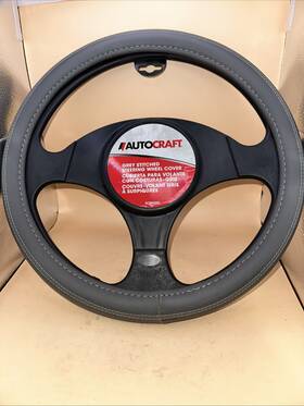 Ac38854g Autocraft - 15-1/2 Inch Grey Faux Leather Topstitched Steering Wheel Cover