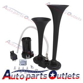 2trhornbk Autopartsoutlets Black Up- Date Horn Loud Dual Trumpet Train Air System Kit 12v Car Truck