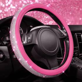 Fx170pu-pk1zst-puf38-zd Car Pass Steering Wheel Cover Pink Leather Diamond 14 1/2-15 Universal Fit Bling