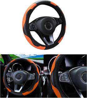 Couslcd 753584399281 Car Steering Wheel Cover 15 Inch Carbon Fiber Microfiber Pu Leather Orange