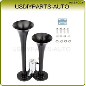 Usd108121s01 Deep Loud Black Metal 12v 150 Db Dual Trumpet Train Air Horn Kit 12 Volt