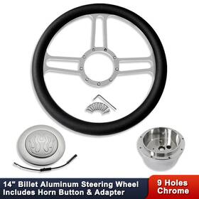 T16170 Demotor Performance Chrome Billet Tri Spoke 14 Inch Steering Wheel With Adapter &flame Horn Button Aluminum