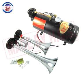 N2p001 Hqs Dual 2 Trumpet Chrome Train Air Horn Kit W/ 150 Psi 3 Liter 128v Compressor