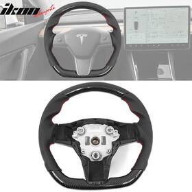 Sw-md317-cfpfl-rd Ikon Motorsports Fits 17-23 Tesla Model 3 And Y Steering Wheel Carbon Fiber Leather With Red Stitch