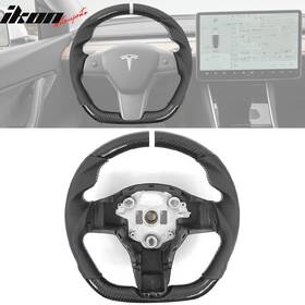 Sw-md317-cfpfl-wt-wt Ikon Motorsports Fits 17-23 Tesla Model 3 And Y Steering Wheel Carbon Fiber Leather With White Stitch