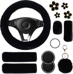 Lu23 Luoyoyy 13 Pieces Fluffy Steering Wheel Cover Set Cute Fur Car Black