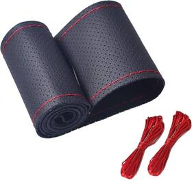 Llc099 Onerbuy Universal Leather Car Steering Wheel Stitch On Wrap Black With Red