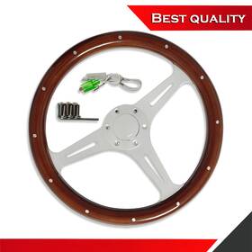 Sv27261 Shopvertex 3 Spokes Slotted 14 Inch Steering Wheel 6 Holes Dark Wood With Horn Button