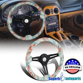 Superbautoparts 841808152153 Universal 2 Inch Blue&red Feathers 350mm Black Spoke Sport Wooden Steering Wheel 1pc
