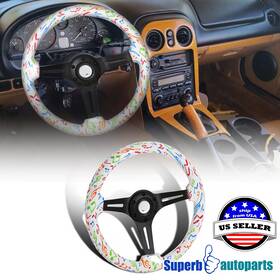 Superbautoparts 841808152177 Universal 2 Inch Rainbow Music Notes 350mm Sport Racing Wooden Steering Wheel 1pc