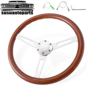 Stw071 Susu 15 Inch 380mm Chrome Dark Steering Wheel Real Wood Stainless Steel Spoke With Horn