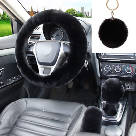 Wm120-de Wen Mei 4pcs Set Fluffy Steering Wheel Covers With Handbrake Cover&gear Black