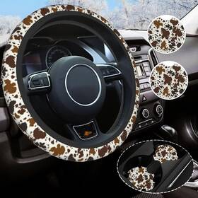 Yobvec-2023618-1 Yobvec Brow Cow Print Steering Wheel Cover Universal Size 14.5-15 Inch Brown