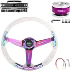 350MM Acrylic Deep Dish Drifting Racing Steering Wheel + Purple Quick Release. Fixed Price $85.55.