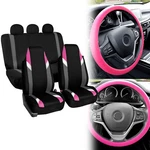 Supreme Modernistic Car Seat Covers Pink Black W/ Silicone Steering Wheel. Fixed Price $43.98.