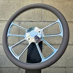 14" Billet Spoke Steering Wheel W/ Gray Vinyl Half Wrap And Forever Sharp Horn. Fixed Price $150.99.