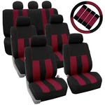 Burgundy/black 3ROWSUV Split Bench Car Covers Steering Wheel/seat Belt Pads. Fixed Price $62.99.