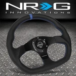 Nrg 320MM Zero Dish 3-SPOKE Flat Bottom Steering Wheel Black Leather Blue Stripe. Fixed Price $160.00.