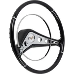 1958 Impala; 15" Steering Wheel; Black; With Chrome Horn And Center Shroud. Fixed Price $389.99.