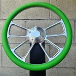 14" Billet Spoke Steering Wheel W/ Green Vinyl Half Wrap/ Forever Sharp Horn. Fixed Price $150.99.