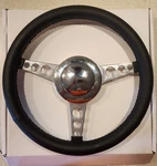 14" Polished 3-SPOKE Steering Wheel W/black Leather Grip And Smooth Horn Button. Fixed Price $75.00.