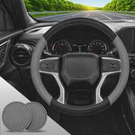 Leather Steering Wheel Cover With Car Coasters Universal 15" Non-slip Protector. Fixed Price $27.99.