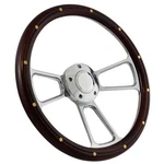 14" Polished Muscle 5 Bolt Steering Wheel With Mahogany Wood Half Wrap Center. Fixed Price $142.99.